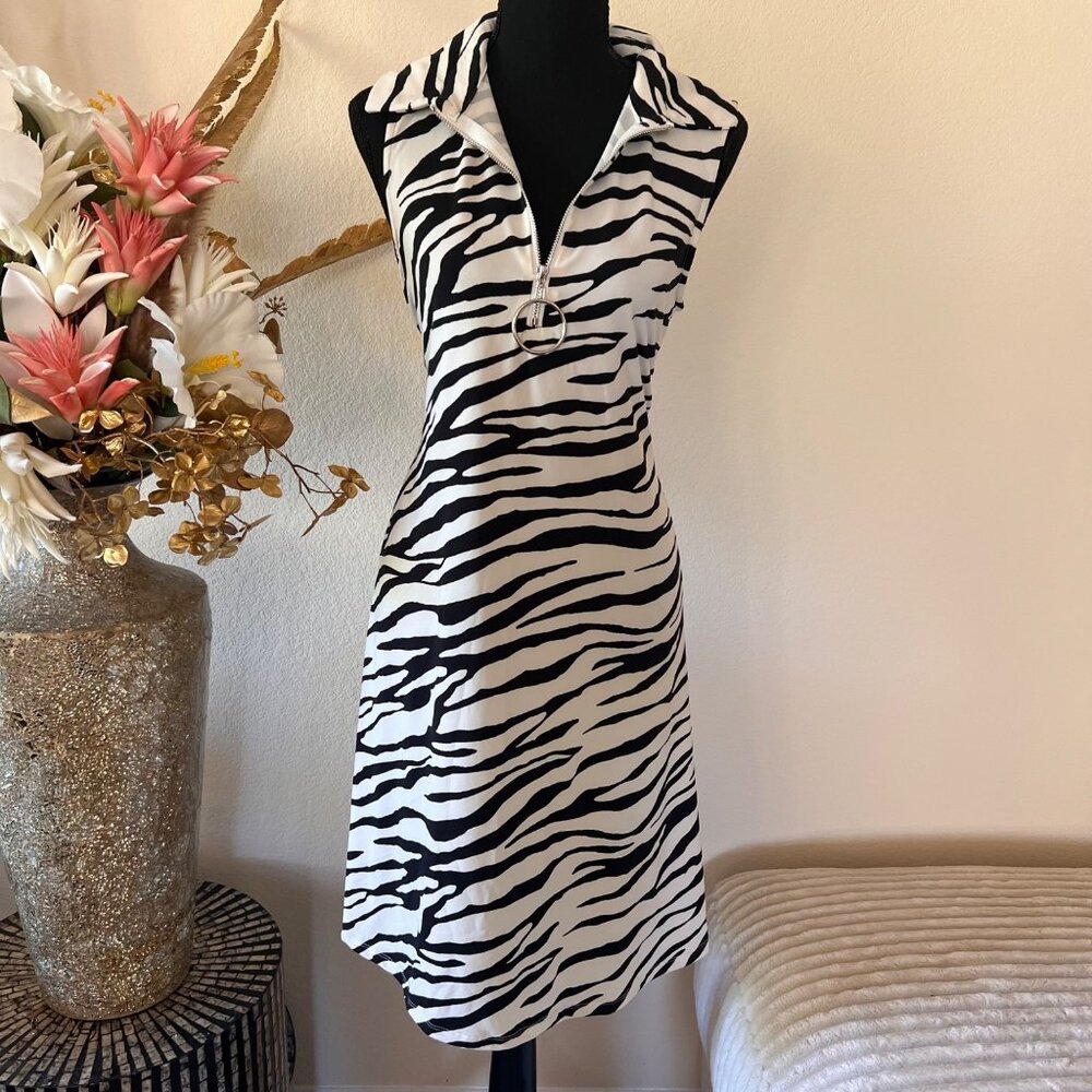 Y2k Chic Zebra Print O-Ring Quarter Zip Collared Midi Maxi Sleeveless Dress S